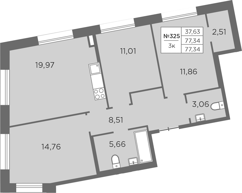 3-комнатная квартира 77.34 м², 2/8 эт., ЖК «Северная Корона»